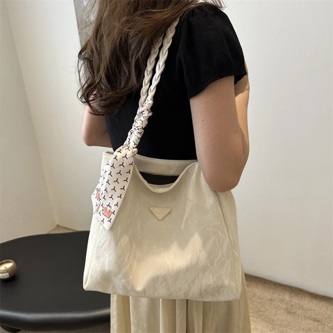 Women Pleated PU Leather Tote Bag With Braided Handle Decorative Scarf Triangle Logo Trendy Shoulder Bag