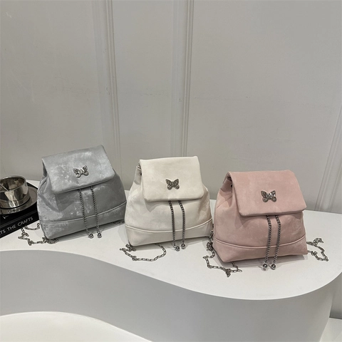 Mini Sac À Dos Femme Velours Texture Daim Papillon Boucle Métallique Chic Chaîne Sac À Épaule Style Y2K