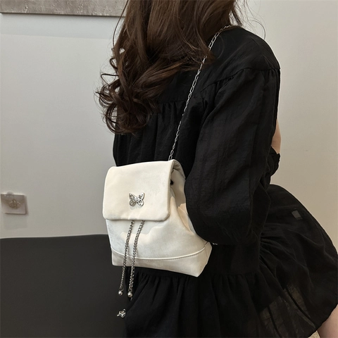 Mini Sac À Dos Femme Velours Texture Daim Papillon Boucle Métallique Chic Chaîne Sac À Épaule Style Y2K