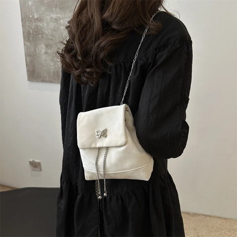 Trendy Women Mini Backpack With Butterfly Metal Buckle Silver Chain Strap PU Leather Velvet Texture Drawstring Bag