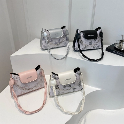 Borsa A Tracolla Sottobraccio Da Donna Pelle PU Stampa Farfalla Con Catena In Metallo A Fiori Lettera Moda Versatile Di Tendenza