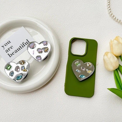 Heart Shape Phone Holder Silver Plated Expandable Airbag Grip With Colorful Rhinestone Butterfly Gemstone Decor Stand