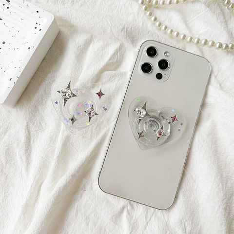 Herzform Handyhalterung Transparent Kunststoff Glitzer Stern Pailletten Strass Faltbar Ausziehbar Ins Stil Süß