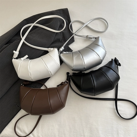 Women Crossbody Bag Pleated PU Leather Croissant Shape Knot Shoulder Strap French Style Solid Color Fashion Handbag