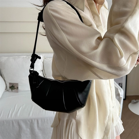 Women Crossbody Bag Pleated PU Leather Croissant Shape Knot Shoulder Strap French Style Solid Color Fashion Handbag