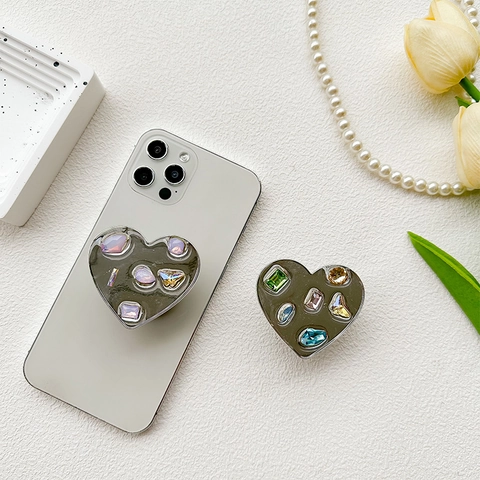 Heart Shape Phone Holder Silver Plated Expandable Airbag Grip With Colorful Rhinestone Butterfly Gemstone Decor Stand