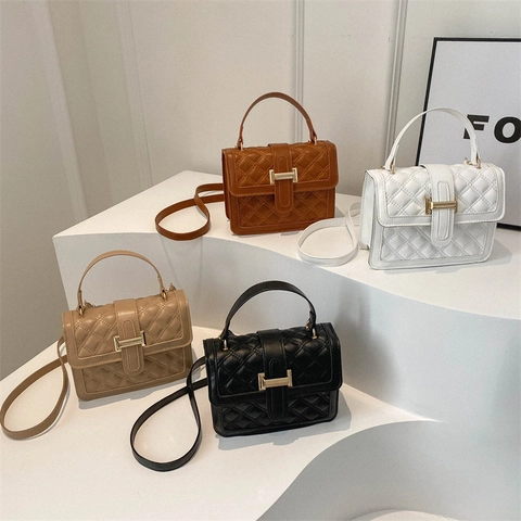 Women Quilted Crossbody Bag Small Square PU Leather Handbag With Top Handle Gold Buckle Chic Elegant Shoulder Purse
