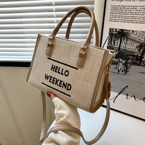 Borsa Tote in Tela Vintage da Donna Con Stampa Hello Weekend Grande Capacità Borsa a Tracolla Casual Leggera PU Finitura