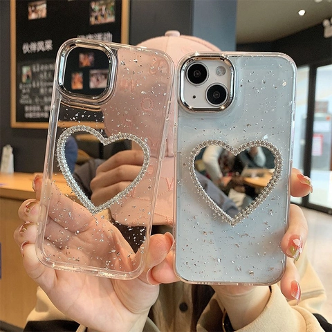 Heart Mirror Phone Case Rhinestone Silver Foil Sparkle Clear TPU Protective Cover For Smartphone Electroplated Frame