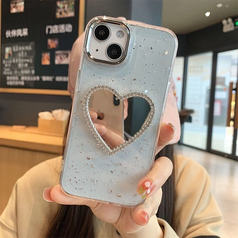 Heart Mirror Phone Case Rhinestone Silver Foil Sparkle Clear TPU Protective Cover For Smartphone Electroplated Frame