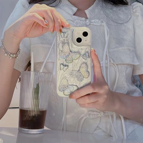 Custodia iPhone 3D Farfalla Iridescente Glitter Grigio Argento TPU Morbido Protezione Estetica Lusso Design Donne