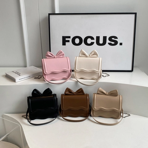 Women Crossbody Bag PU Leather Bowknot Wave Flap Handbag With Metal Chain Strap Chic Sweet Trendy Small Square Purse