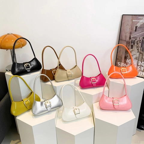 Borsa Sottobraccio Retro Francese Da Donna Pelle PU Colore Solido Fibbia Metallica Quadrata Borsa A Spalla Minimalista