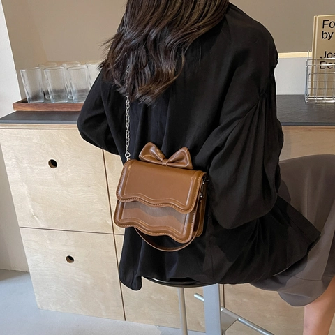 Women Crossbody Bag PU Leather Bowknot Wave Flap Handbag With Metal Chain Strap Chic Sweet Trendy Small Square Purse