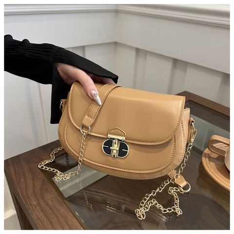 PU Leather Half Round Saddle Crossbody Bag With Gold Metal Chain And Oval Lock Solid Color Shoulder Bag For Women