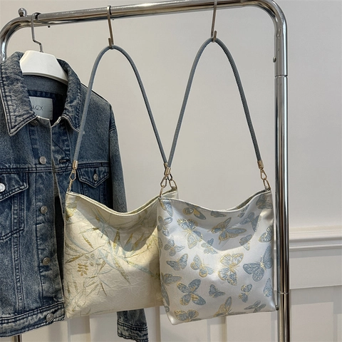 Bolso De Axila Para Mujer Estilo Chino Bordado De Mariposa Hilo Dorado Tela Jacquard Bolso De Hombro Vintage Elegante Cremallera