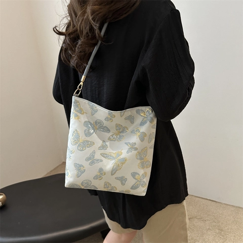 Bolso De Axila Para Mujer Estilo Chino Bordado De Mariposa Hilo Dorado Tela Jacquard Bolso De Hombro Vintage Elegante Cremallera