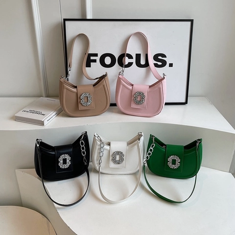 Women Hobo Shoulder Bag PU Leather Crescent Half Moon Shape Square Rhinestone Buckle Silver Chain Strap Elegant Casual Daily Fashion