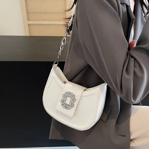 Women Hobo Shoulder Bag PU Leather Crescent Half Moon Shape Square Rhinestone Buckle Silver Chain Strap Elegant Casual Daily Fashion