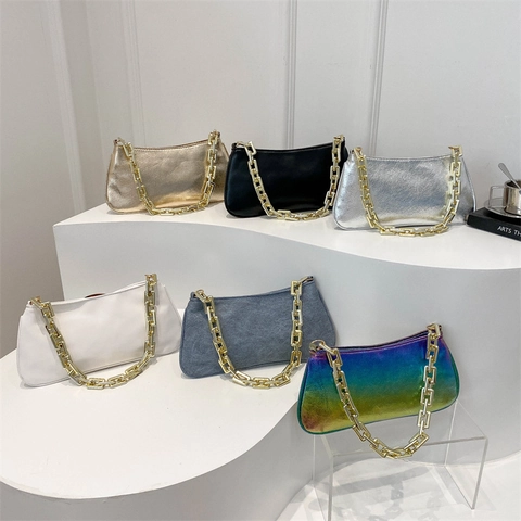 Women Minimalist PU Leather Underarm Baguette Bag With Thick Gold Chain Shoulder Crossbody Purse Fashion Trend