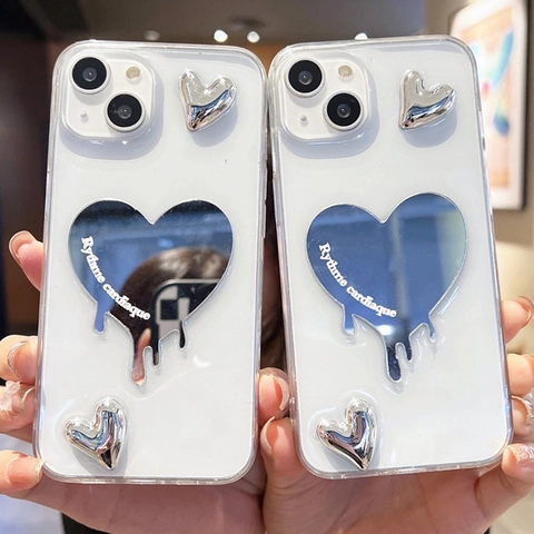 IPhone Case Electroplated 3D Silver Heart Mirror French Letter Print Aesthetic TPU Phone Cover Protective Y2K Style