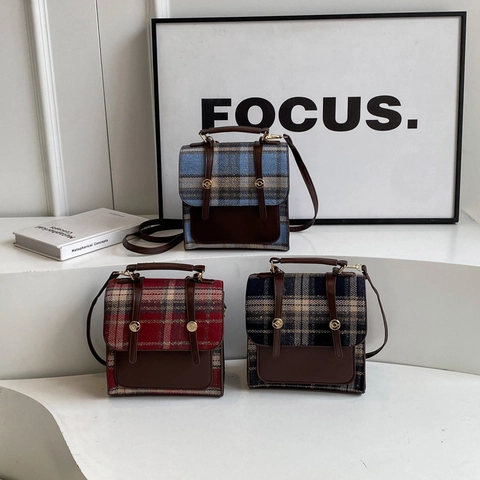 Retro Plaid Small Backpack Crossbody Bag PU Leather Tweed Handbag For Women British Style College Versatile