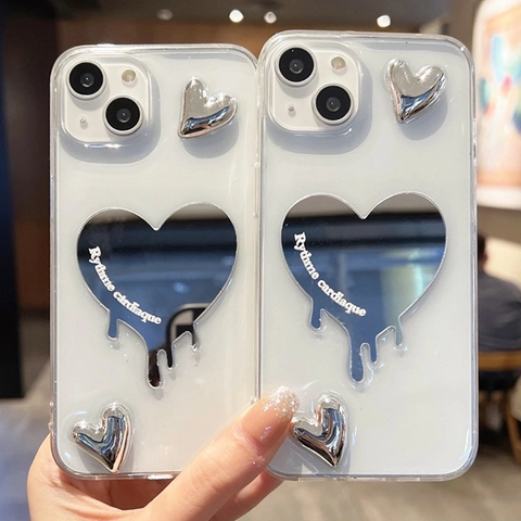 IPhone Case Electroplated 3D Silver Heart Mirror French Letter Print Aesthetic TPU Phone Cover Protective Y2K Style