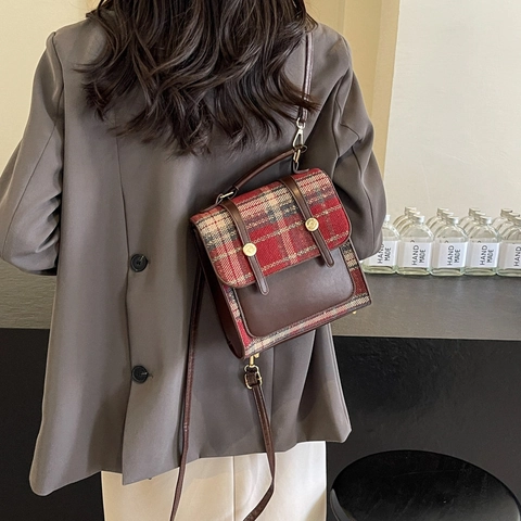 Retro Plaid Small Backpack Crossbody Bag PU Leather Tweed Handbag For Women British Style College Versatile