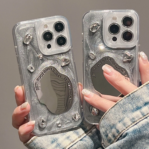 Funda De Teléfono Con Purpurina Plateada Espejo De Metal Irregular Pedrería Patrón De Tulipán Citas Brillante