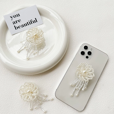 Elegante Supporto Per Telefono Con Fiore Di Perla Artificiale E Lunga Nappina Di Perline Per Retro Smartphone