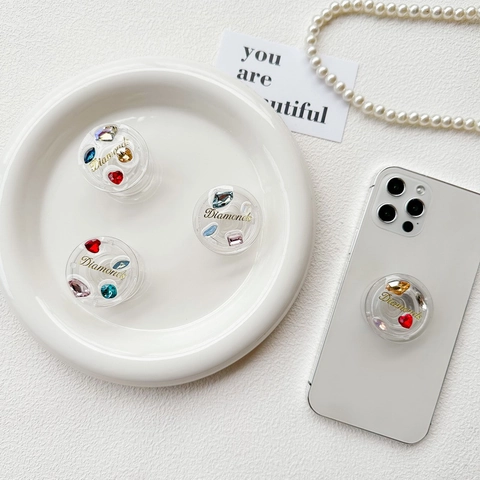 Runder Handyhalter Aus Transparentem Kunststoff Mit Bunten Herz Strasssteinen Einziehbarer Universeller Handy Sockel Halter