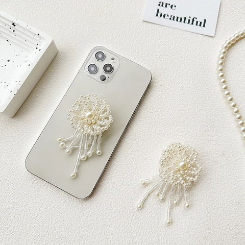 Elegante Supporto Per Telefono Con Fiore Di Perla Artificiale E Lunga Nappina Di Perline Per Retro Smartphone