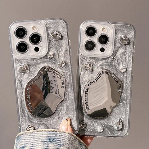 Funda De Teléfono Con Purpurina Plateada Espejo De Metal Irregular Pedrería Patrón De Tulipán Citas Brillante