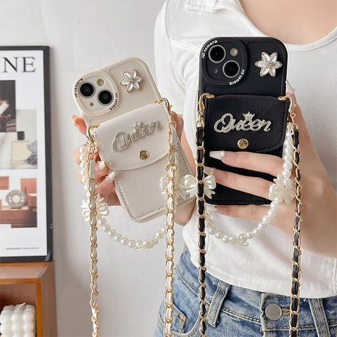 Elegant Litchi Leather Crossbody Phone Case Flip Wallet Card Holder With Artificial Pearl Bow Hand Strap And Long Chain