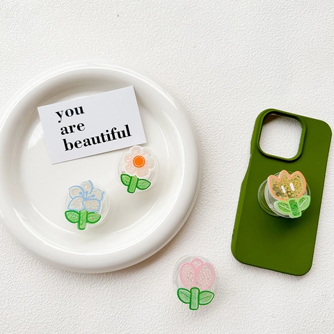 Supporto Per Telefono Fiore Acrilico Plastica Retrattile Pieghevole Con Perline Colorate Decorazione Tulipano Margherita