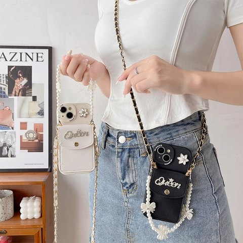 Elegant Litchi Leather Crossbody Phone Case Flip Wallet Card Holder With Artificial Pearl Bow Hand Strap And Long Chain