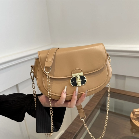 Bolso de Sillín de Cuero de PU Retro para Mujer Moda Minimalismo Bolso de Hombro Con Correa de Cadena de Metal Color Sólido