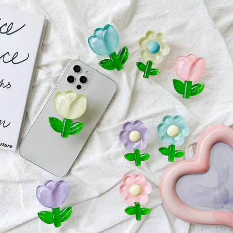Support De Téléphone Portable Fleur Cristal 3D Acrylique Rétractable Tulipe Marguerite Griptok Mignon Style Ins