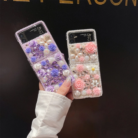 Luxury 3D Resin Rose Artificial Pearl Rhinestone Phone Case Hand-made Sweet Floral Foldable Protective Cover For Women