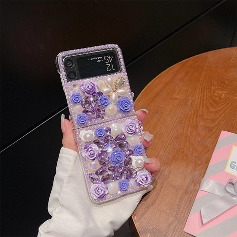 Luxury 3D Resin Rose Artificial Pearl Rhinestone Phone Case Hand-made Sweet Floral Foldable Protective Cover For Women
