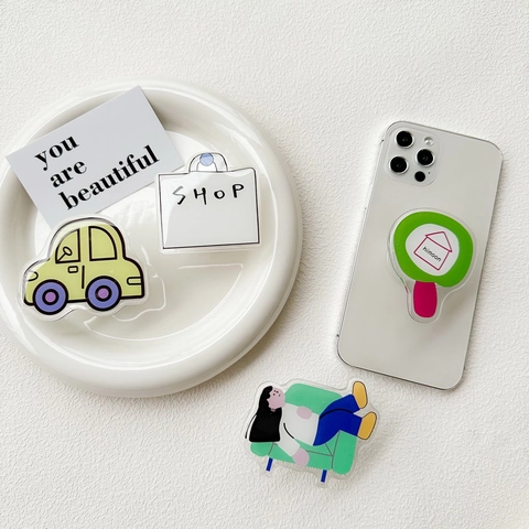 Supporto Per Cellulare Pieghevole In Acrilico Cartone Animato Griptok Impugnatura Illustrazione Minimalista Design Auto Borsa Spesa Ragazza