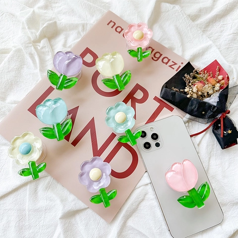 Support De Téléphone Portable Fleur Cristal 3D Acrylique Rétractable Tulipe Marguerite Griptok Mignon Style Ins