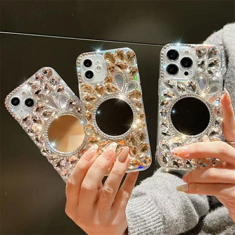 Luxury Rhinestone Phone Case With Makeup Mirror Rabbit Ear Design Glitter Bling Protective Cover For Women Chic Style