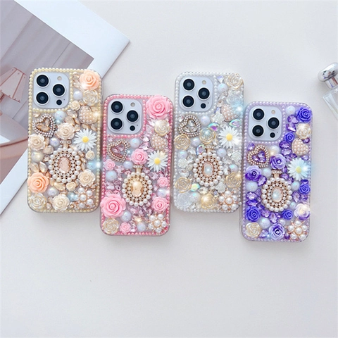 Custodia Per Telefono 3D Fiore Perla Artificial Strass Lusso Retro Rilievo Rosa Perla Artificiale PC TPU Smartphone Per Donne