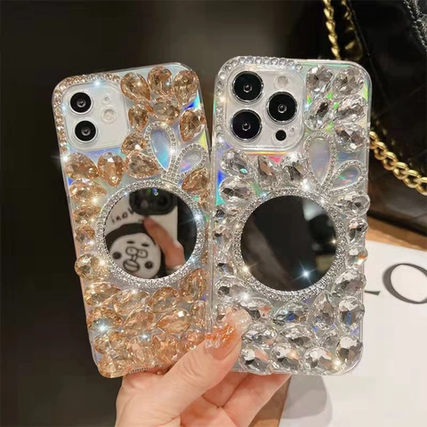 Luxury Rhinestone Phone Case With Makeup Mirror Rabbit Ear Design Glitter Bling Protective Cover For Women Chic Style