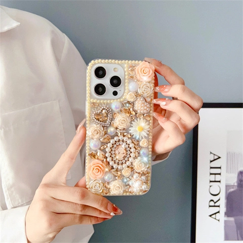 Custodia Per Telefono 3D Fiore Perla Artificial Strass Lusso Retro Rilievo Rosa Perla Artificiale PC TPU Smartphone Per Donne