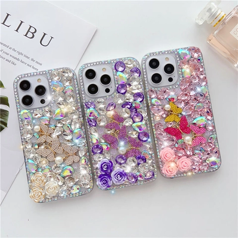 Custodia Per Telefono Di Lusso Con Farfalla Rosa Strass Fatta A Mano Perla Artificial Fiore 3D Cover Decorativa Per Donne Ragazze
