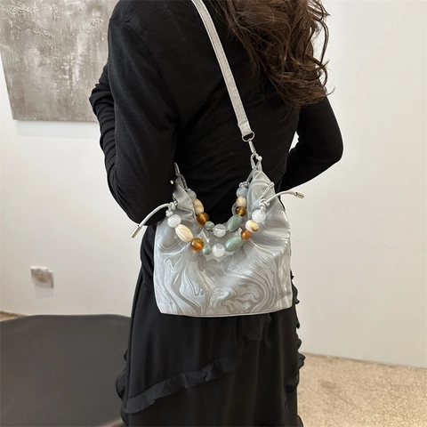 Damen Crossbody Tasche Mit Marmormuster PU Leder Plissee Cloud Handtasche Mit Bunten Perlen Griff Trendy Mode