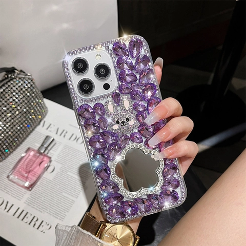 Luxury Rhinestone Phone Case With Makeup Mirror 3D Bunny Heart Flower Glitter PC Hard Cover Handmade For Smartphones