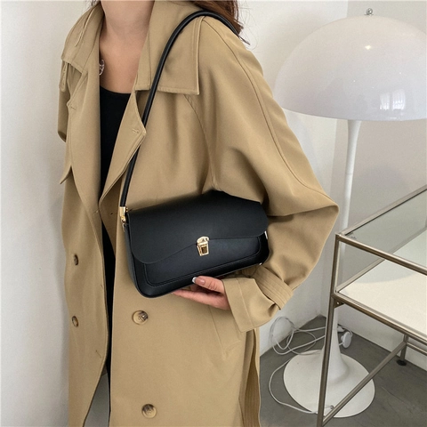 Unterachsel Umhängetasche Damen PU Leder Gold Metallschloss Retro Minimalistisch Rechteckig Französische Nische Tasche